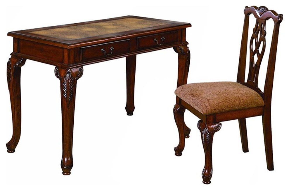 2 Piece Wooden Desk And Chair Set With Cabriole Legs Support, Brown