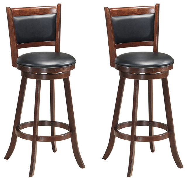4 Bar Stools 24" or 29" High Dark Espresso Wood with Bonded Faux Leather Seat 
