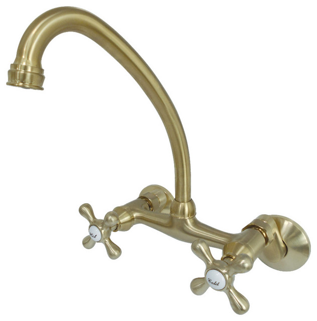 Kingston 6" Adjustable Center Wall Mount Kitchen Faucet, Brushed Brass