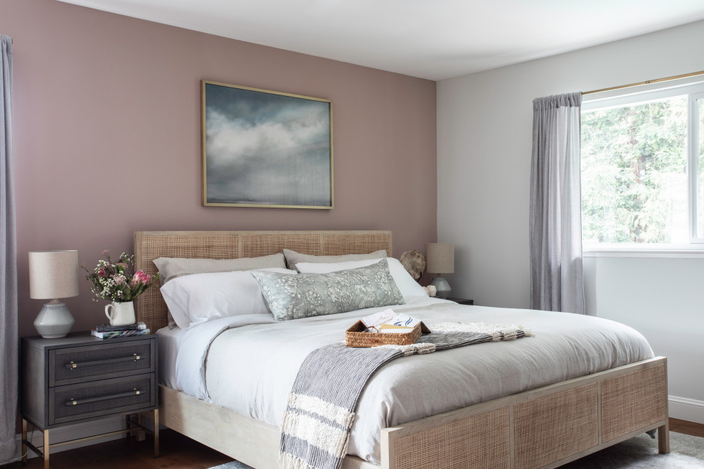 Design ideas for a medium sized farmhouse master bedroom in San Francisco with pink walls, dark hardwood flooring and brown floors.