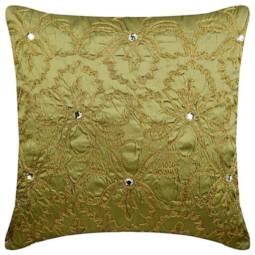 Green Decorative Pillow Cover, Gold With Crystal 18"x18" Silk, Flower Jewel