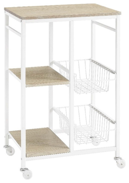 Linon August Rolling Metal Kitchen Cart with 2 Baskets and 2 Shelves in White