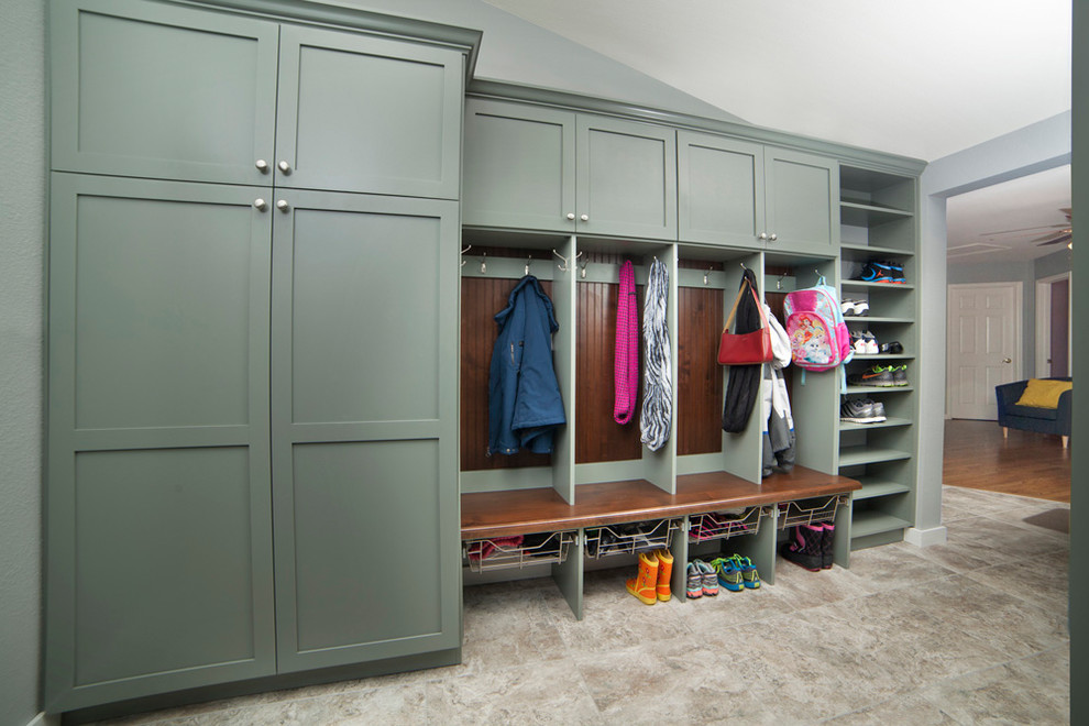Photo of a mid-sized transitional mudroom in San Diego with grey walls, ceramic floors and multi-coloured floor.