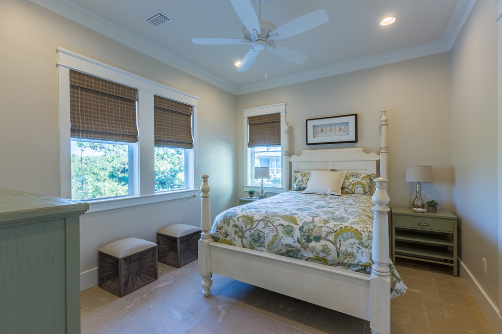 Inspiration for a large transitional guest bedroom in Jacksonville with beige walls, ceramic floors and no fireplace.