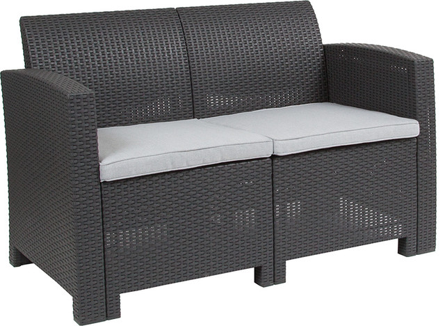 Dark Gray Faux Rattan Loveseat With All-Weather Light Gray Cushions