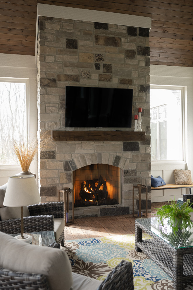 Design ideas for a medium sized country games room in Indianapolis with multi-coloured walls, carpet, a standard fireplace and a metal fireplace surround.