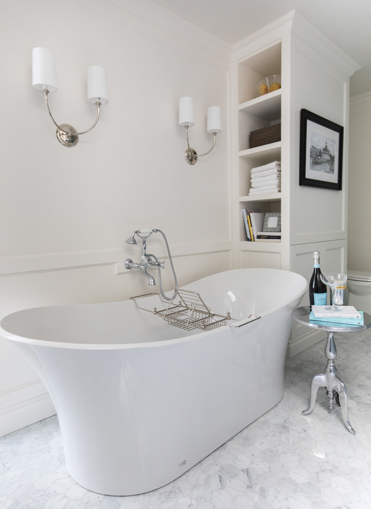 Inspiration for a transitional gray floor bathroom remodel in Calgary with white walls