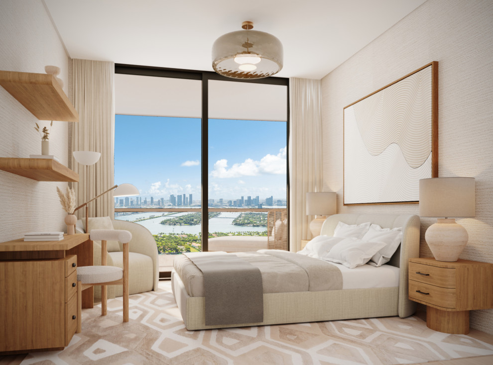 Exemple d'une grande chambre d'amis moderne avec un mur beige, parquet clair, un sol beige et du papier peint.