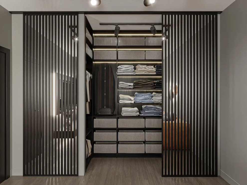 Квартира в стиле минимализм в монохромной серой гамме с яркими акцентами