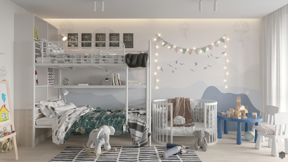 На фото: нейтральная детская среднего размера в современном стиле с спальным местом, белыми стенами, паркетным полом среднего тона и бежевым полом для ребенка от 1 до 3 лет, двоих детей с