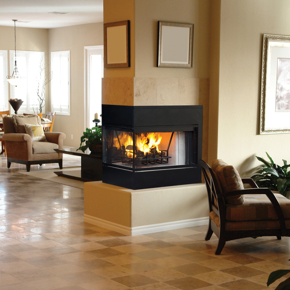 Design ideas for a traditional living room in Orange County with a two-sided fireplace and a tile fireplace surround.