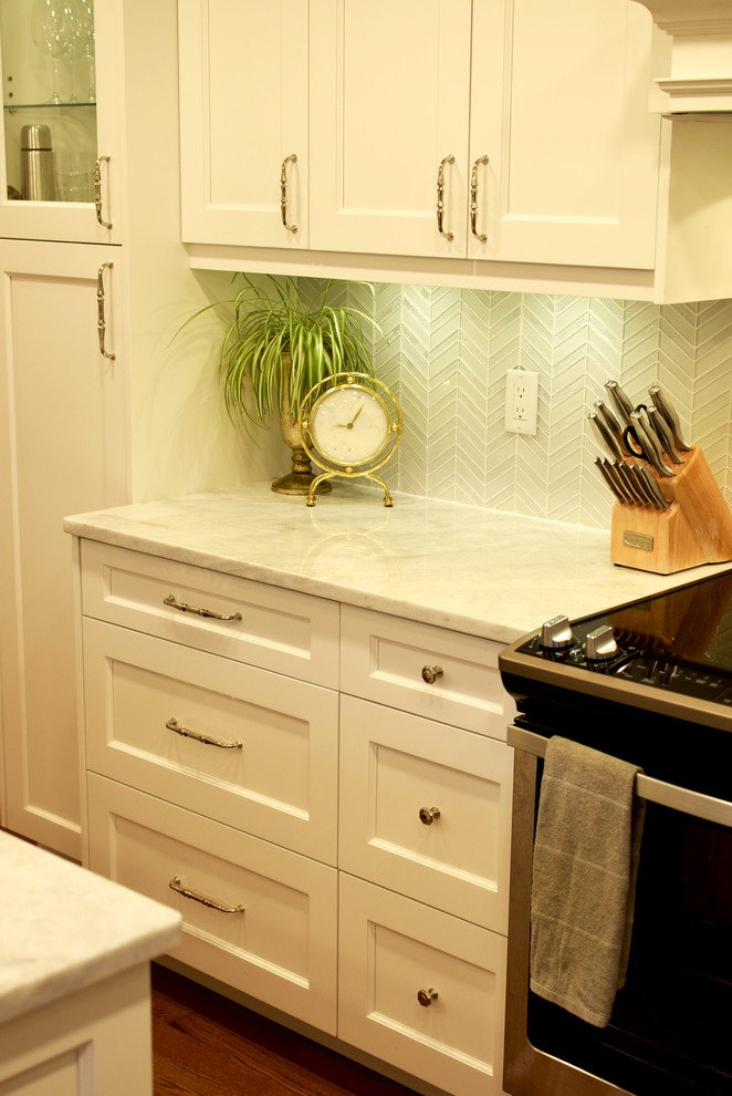 Kitchen - transitional kitchen idea with an undermount sink, stainless steel appliances, an island and white countertops