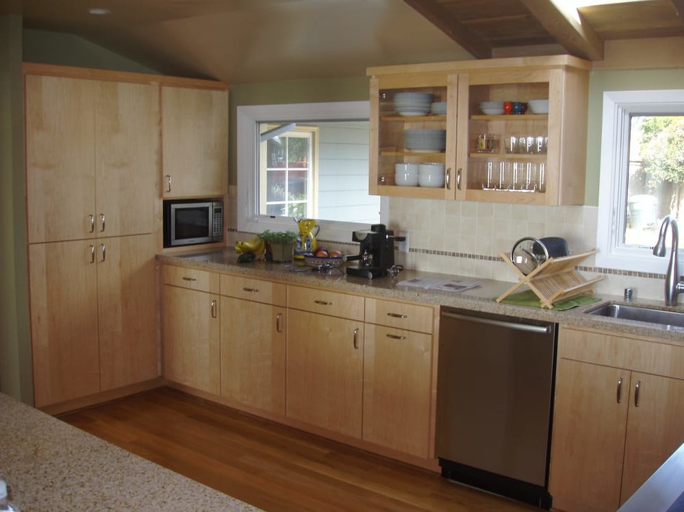 Mid-sized transitional u-shaped medium tone wood floor kitchen photo in San Francisco with a double-bowl sink, flat-panel cabinets, light wood cabinets, granite countertops and stainless steel appliances