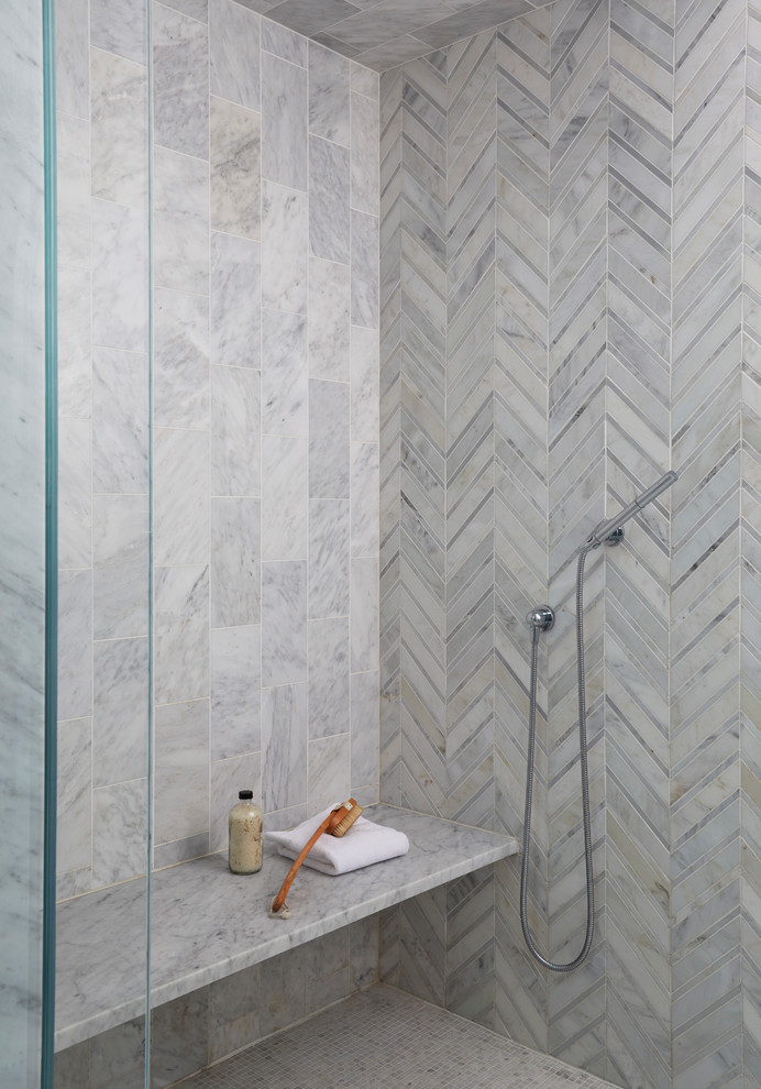 Inspiration for a mid-sized transitional master bathroom in Chicago with an open shower, gray tile, marble, grey walls, marble floors, an undermount sink, marble benchtops, white floor and a hinged shower door.