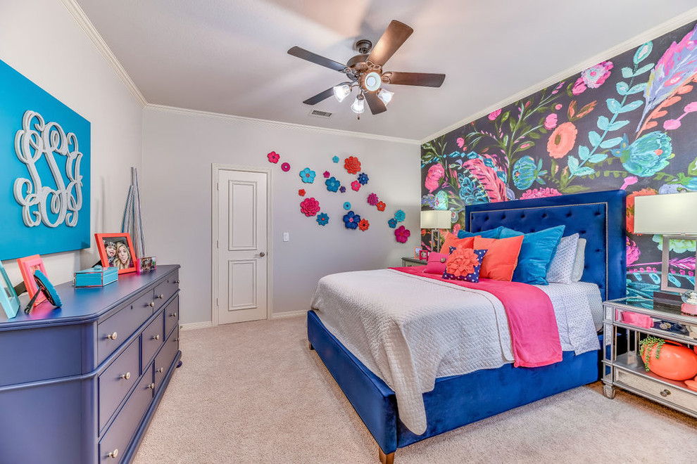 Inspiration for a mid-sized transitional kids' room for girls in Dallas with carpet, multi-coloured walls and grey floor.