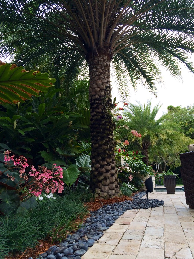 Photo of a large tropical side yard patio in Miami with natural stone pavers.