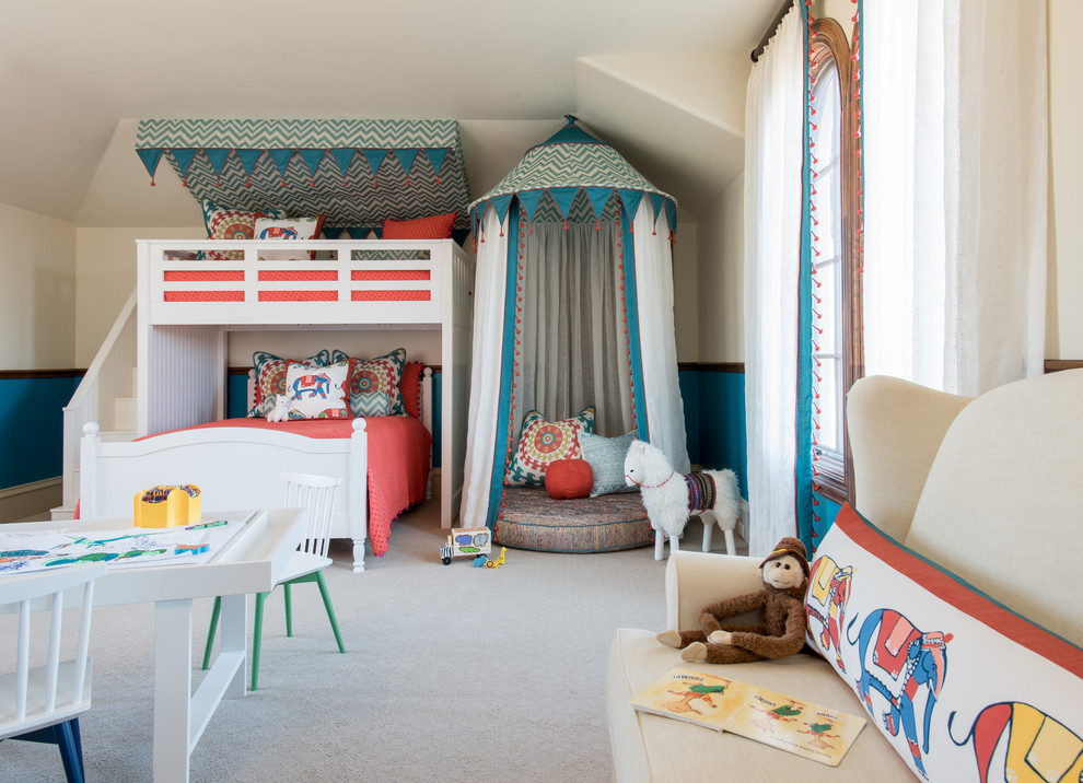 Inspiration for a large traditional gender-neutral kids' bedroom for kids 4-10 years old in Dallas with blue walls, carpet and beige floor.