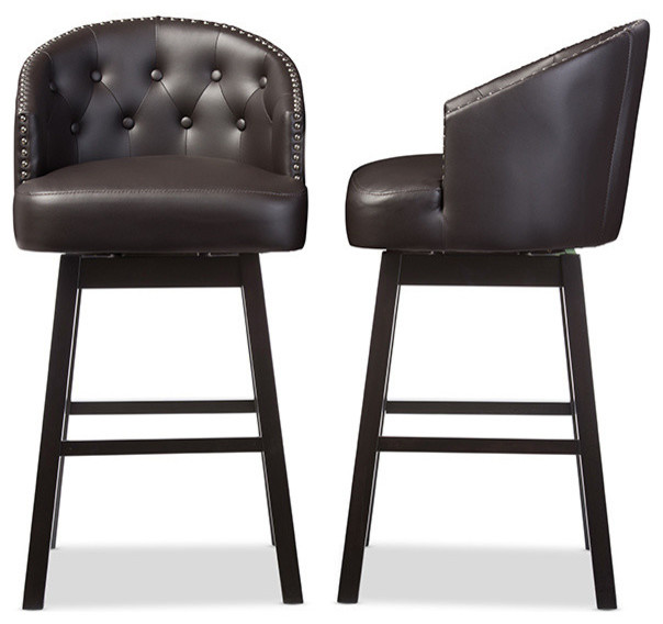 Avril Brown Faux Leather Tufted Swivel Barstool With Nail Heads Trim Set Of 2