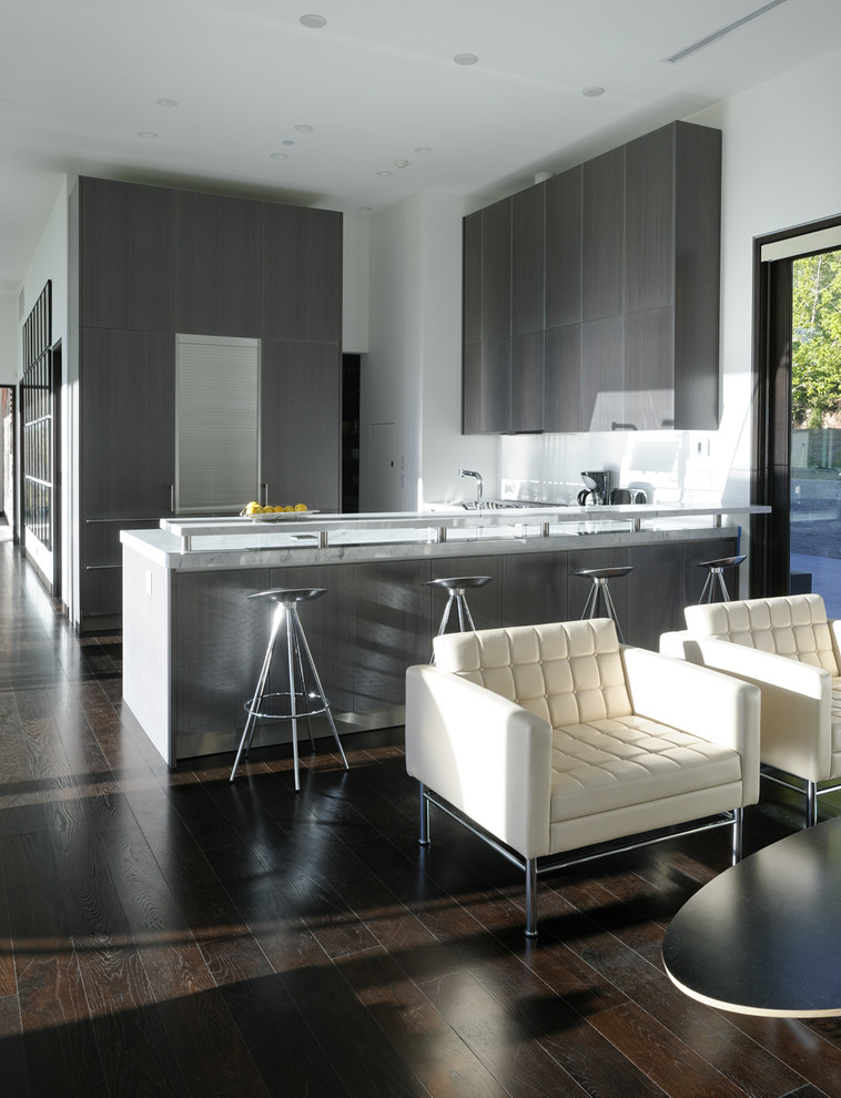 Inspiration for a modern open plan kitchen in Denver with grey cabinets.