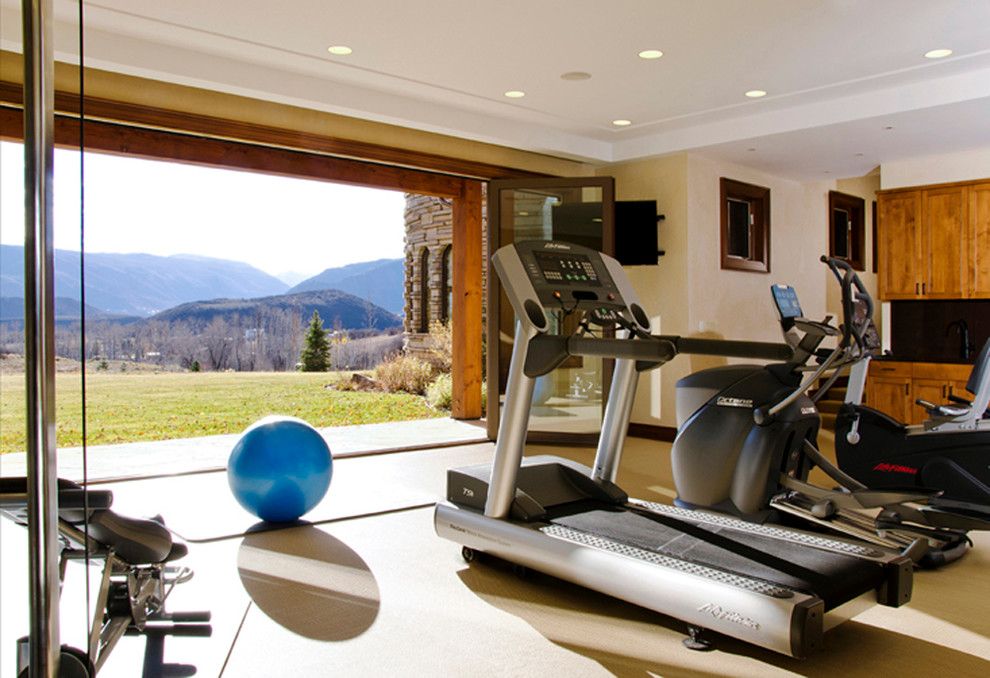 Design ideas for a large contemporary multipurpose gym in Denver with beige walls and vinyl floors.