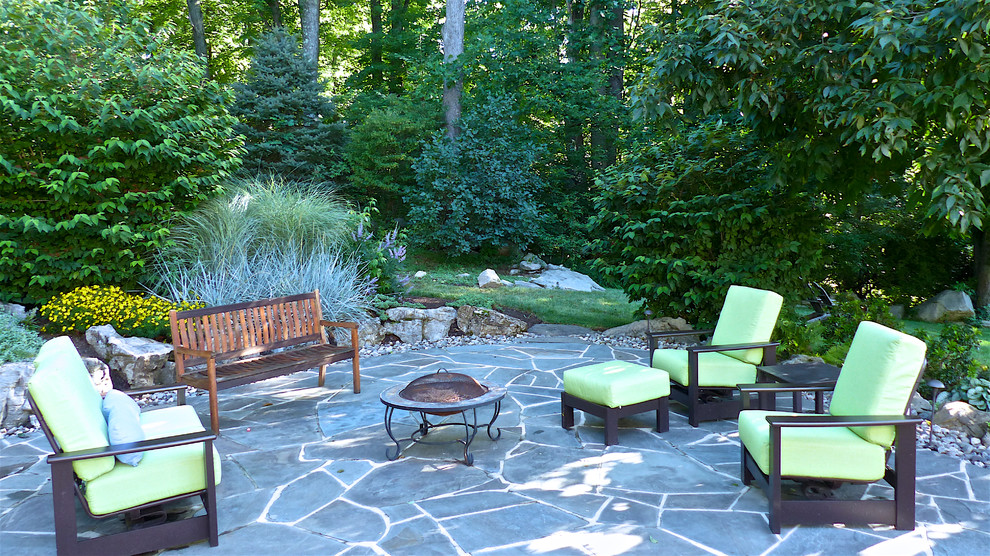 Inspiration for a mid-sized contemporary backyard patio in New York with a fire feature and no cover.