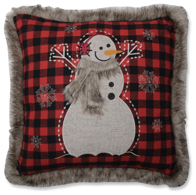 Fur Snowman Square Red Black Throw Pillow 18 Rustic