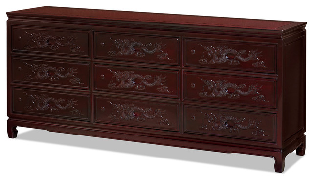 Rosewood Dragon Motif 9 Drawer Dresser Dark Cherry Asian