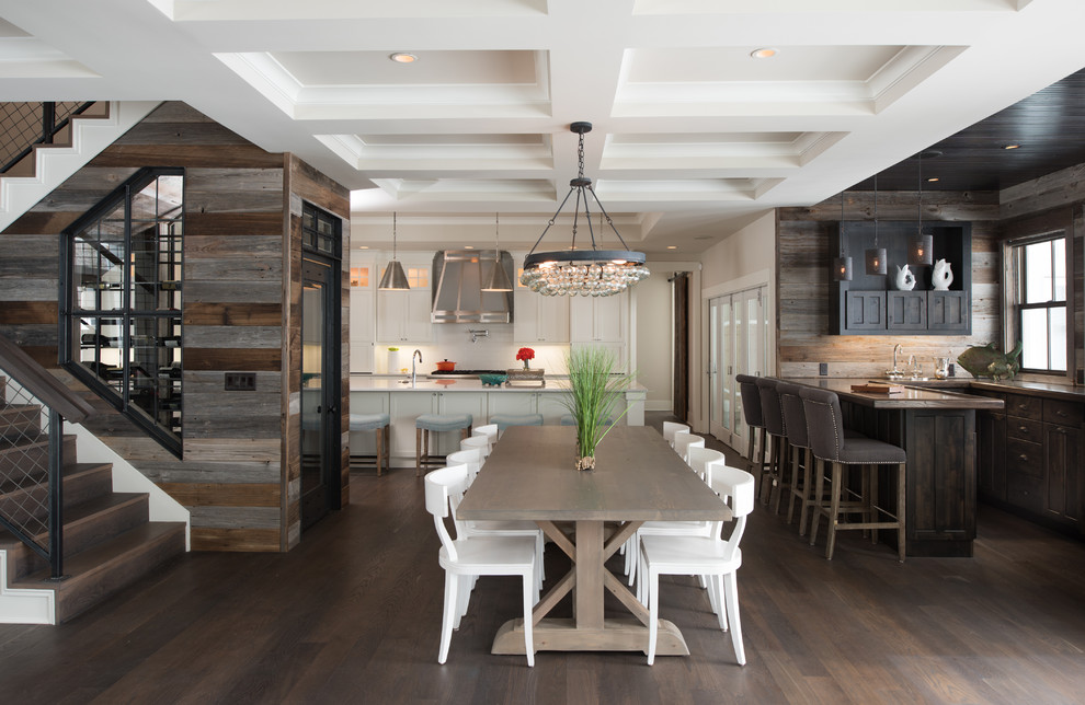 Inspiration for a beach style open plan dining in Other with dark hardwood floors, no fireplace and brown floor.
