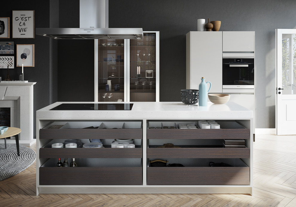 This is an example of a mid-sized contemporary single-wall open plan kitchen in Leipzig with open cabinets, brown cabinets, quartz benchtops, stainless steel appliances and with island.
