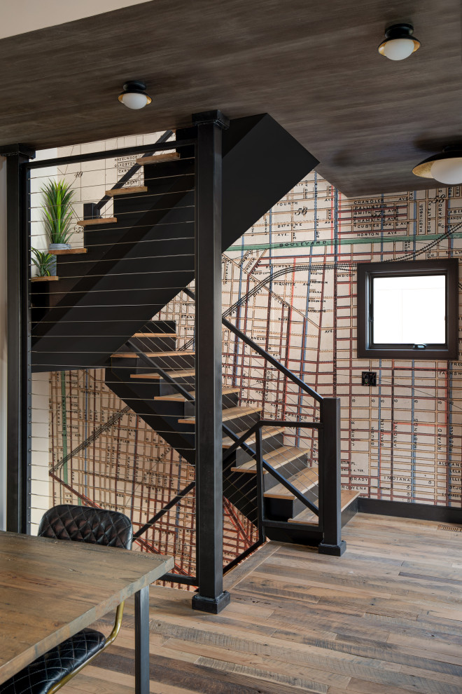 Inspiration for a contemporary wood l-shaped staircase in Detroit with open risers, metal railing and wallpaper.