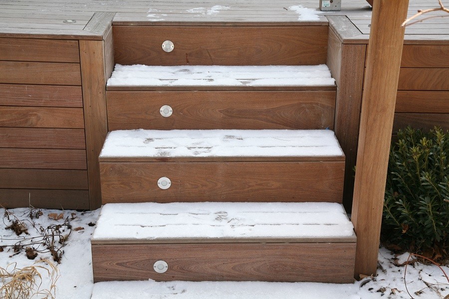Snow dusting on ipe steps