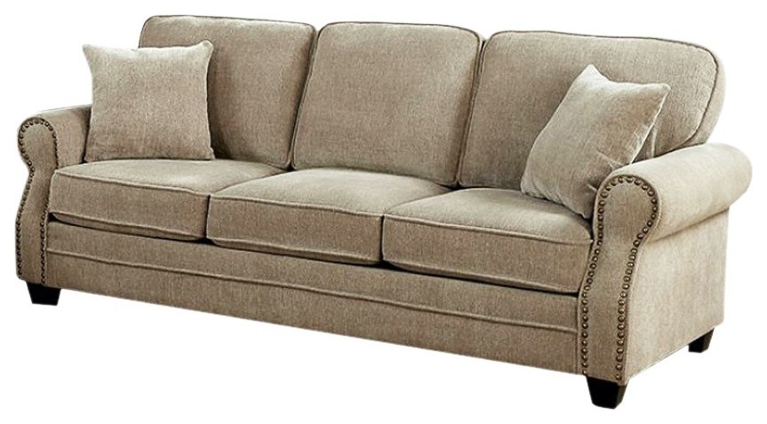 Chenille Fabric Upholstered Solid Wood Sofa With Nail Head Trim Details,  Beige - Transitional - Sofas - by Benzara, Woodland Imprts, The Urban Port  | Houzz