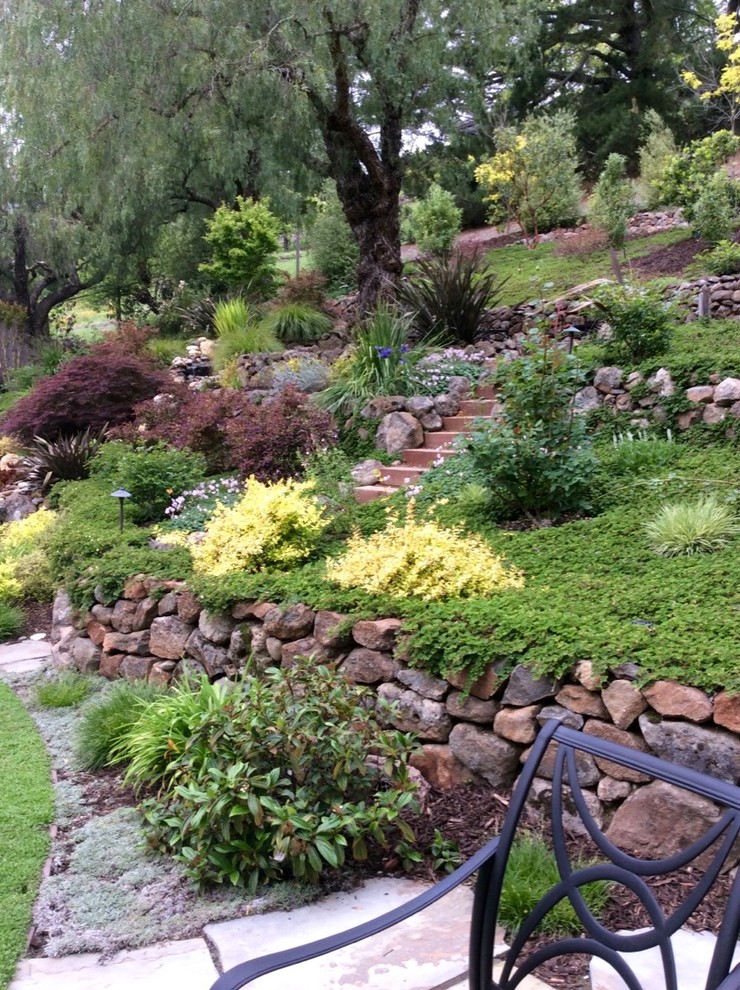 Large traditional backyard full sun xeriscape in San Francisco with with pond and natural stone pavers for summer.