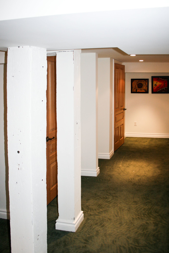 Example of a small classic look-out carpeted basement design in Toronto with white walls