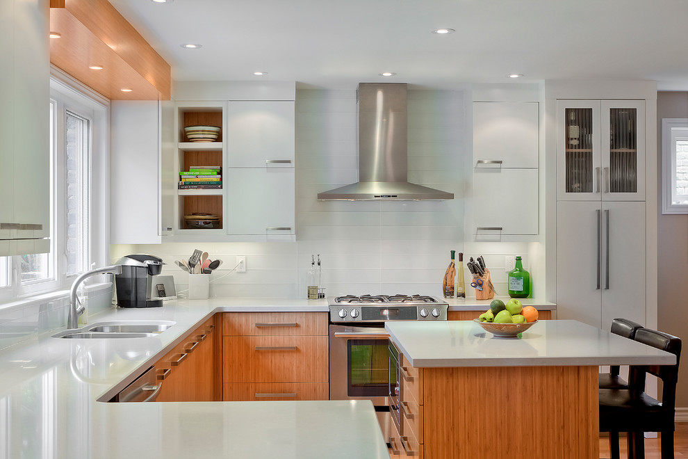 Contemporary u-shaped kitchen in Toronto with a double-bowl sink, flat-panel cabinets, white cabinets, white splashback and glass tile splashback.