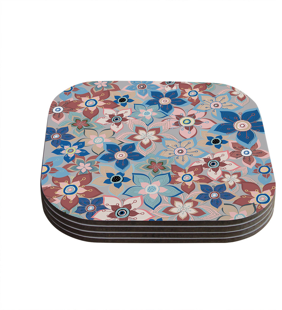 Jolene Heckman "Marsala Floral Mix" Pink Blue Coasters, Set of 4