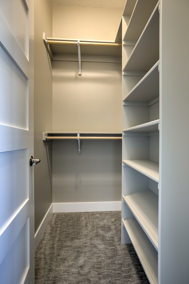 Small transitional gender-neutral walk-in wardrobe in Omaha with white cabinets, carpet, grey floor and open cabinets.