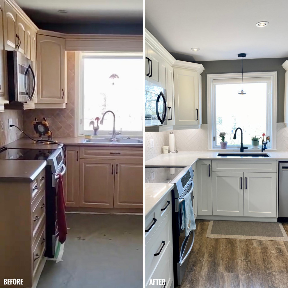 Mid-sized transitional l-shaped enclosed kitchen photo with a double-bowl sink, recessed-panel cabinets, white cabinets, gray backsplash, glass tile backsplash and no island