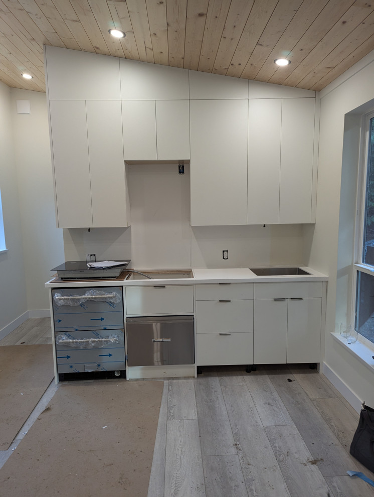 Custom built-in kitchen with flat cabinets and ceiling spotlights installed