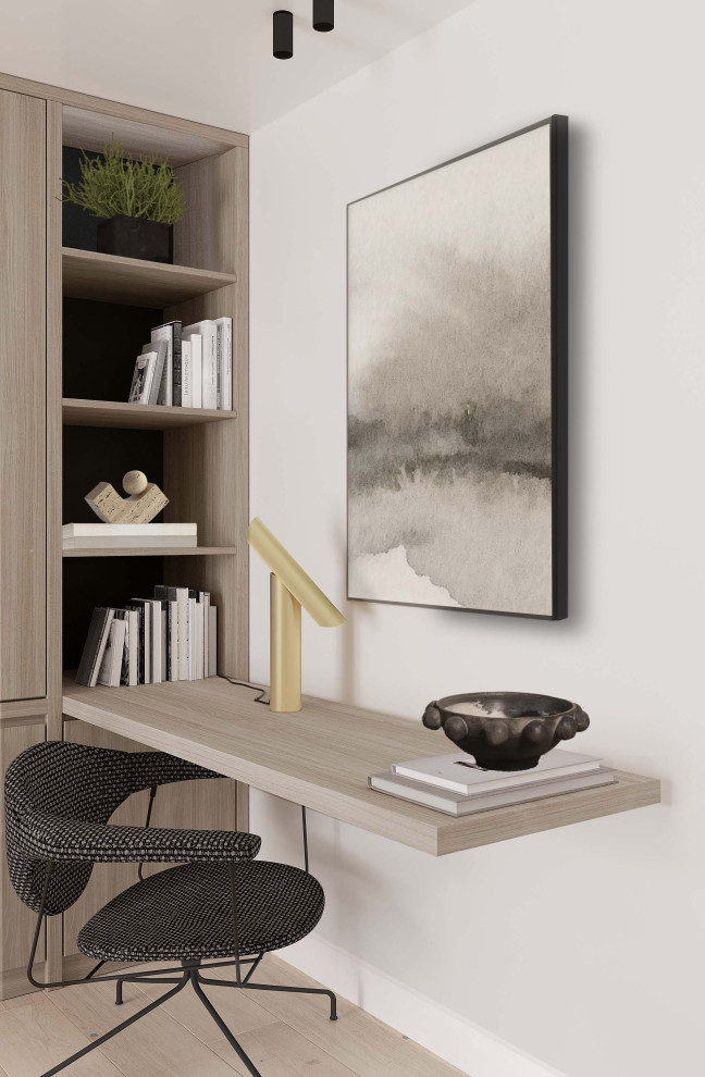 Idee per una piccola stanza da lavoro scandinava con pareti beige, pavimento in laminato, scrivania incassata e pavimento beige