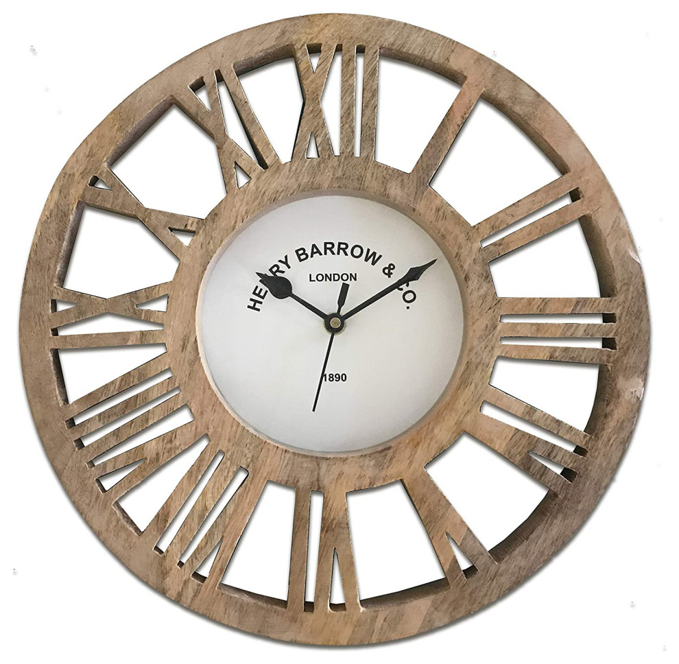 Round Rustic Wood 12" Silent Wood Wall Clock For Home and