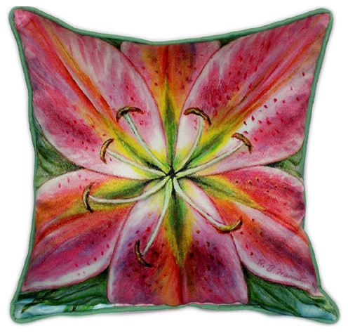 Pair of Betsy Drake Pink Lily Large Pillows 18 Inch x 18 Inch