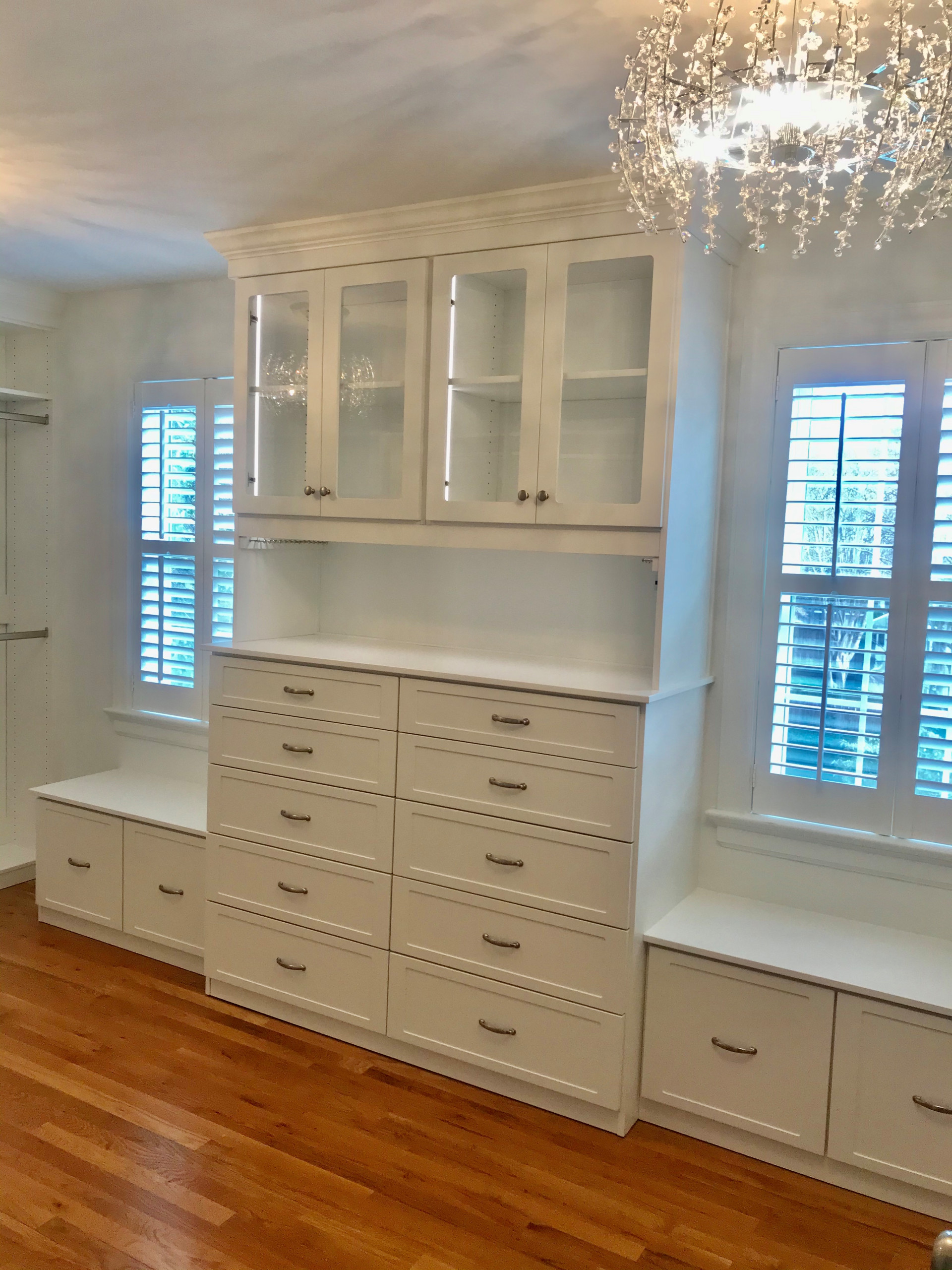 Lighted White Dressing Room with Chandeliers