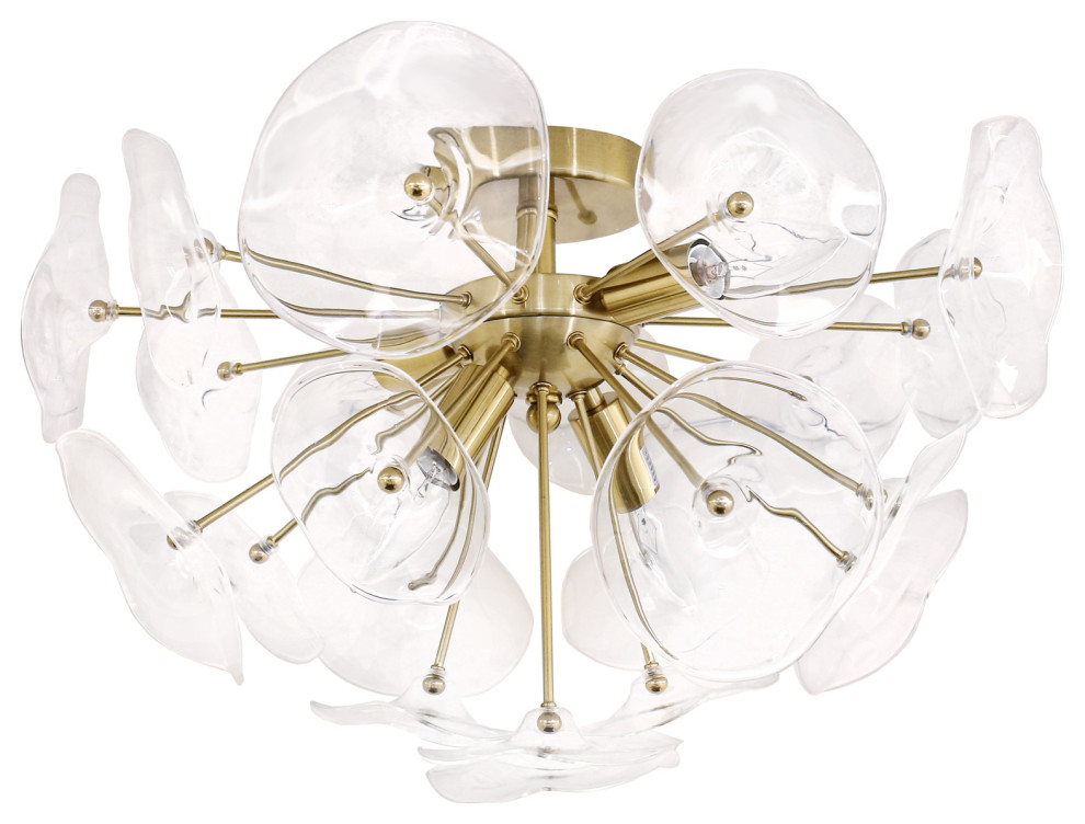 Portia 4Light Satin Brass Flushmount With Clear Glass Tiles, 18" Round Contemporary Flush