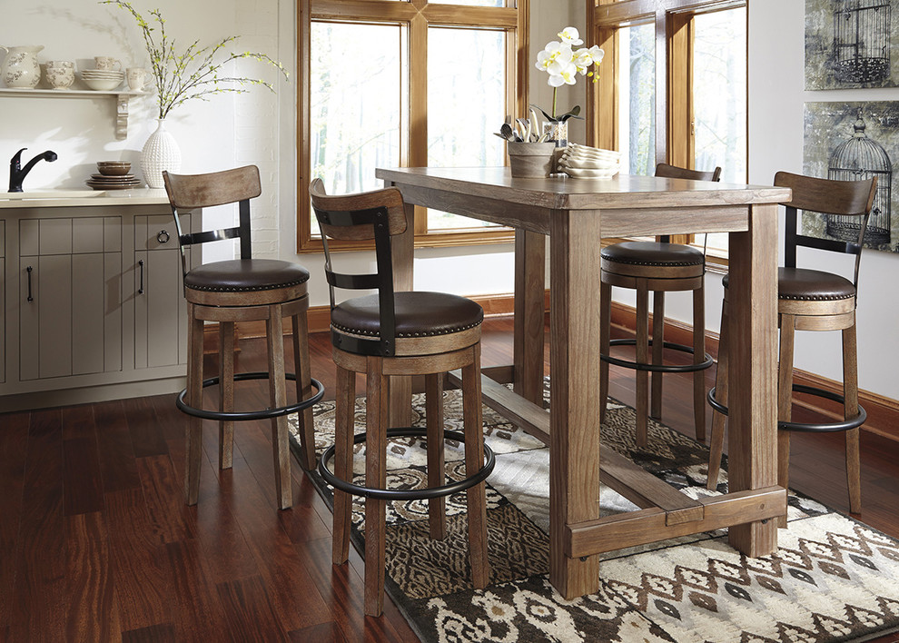 Country kitchen/dining combo in Houston with white walls, medium hardwood floors and brown floor.