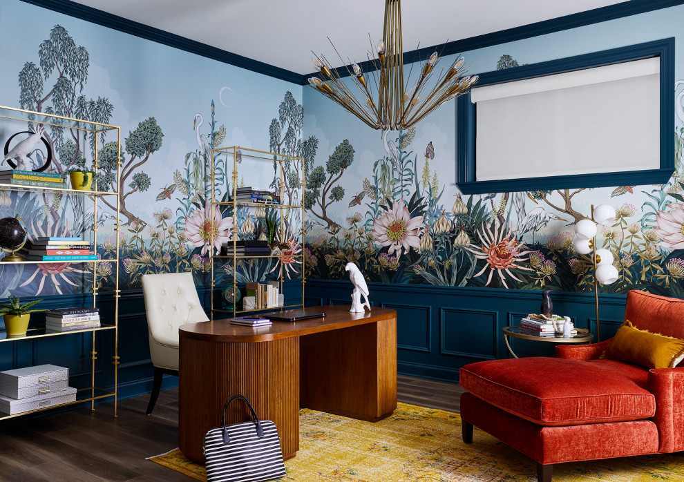 Inspiration for an eclectic freestanding desk dark wood floor, brown floor, wainscoting and wallpaper home office remodel in Chicago with multicolored walls
