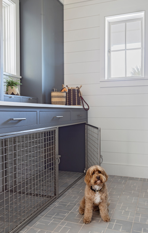 Dog room with metal crate under drawers