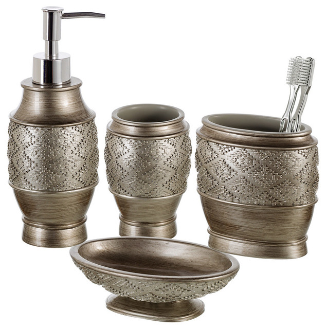 Dublin 4Piece Bathroom Accessories Set, Brushed Silver Rustic