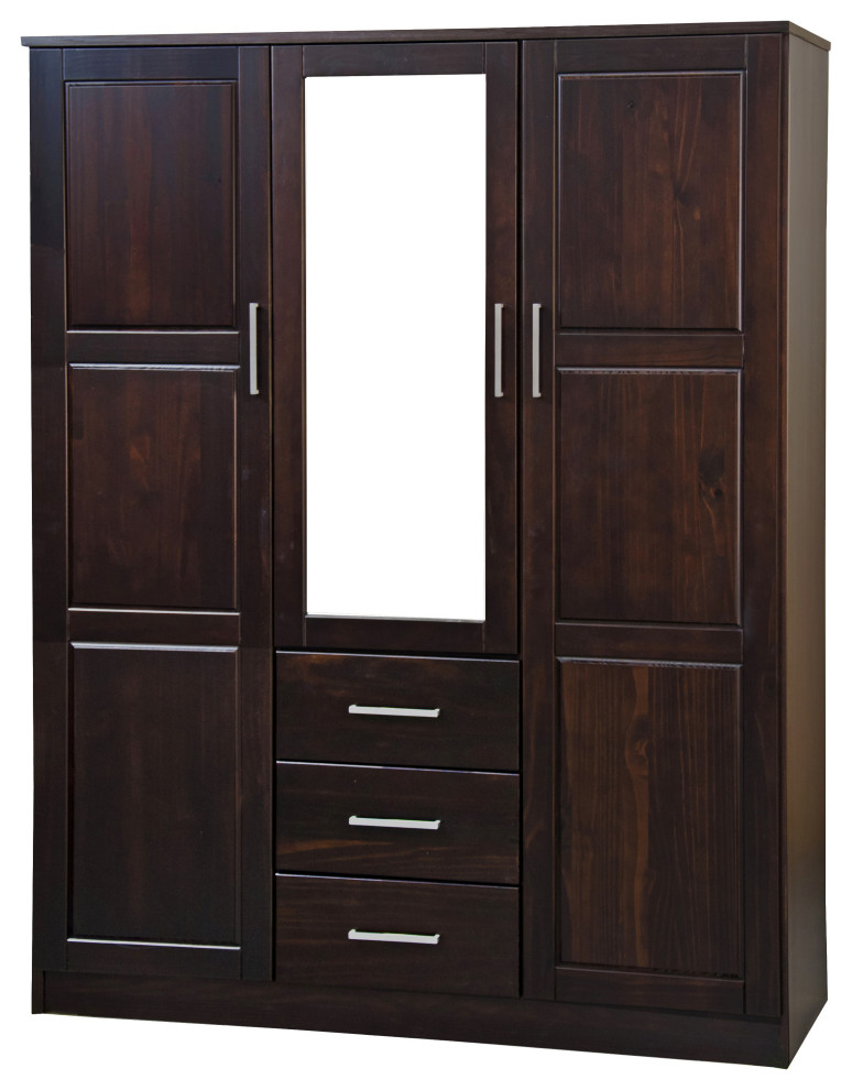 100% Solid Wood Cosmo 3-Door Wardrobe/Armoire, 2 Shelves, Java