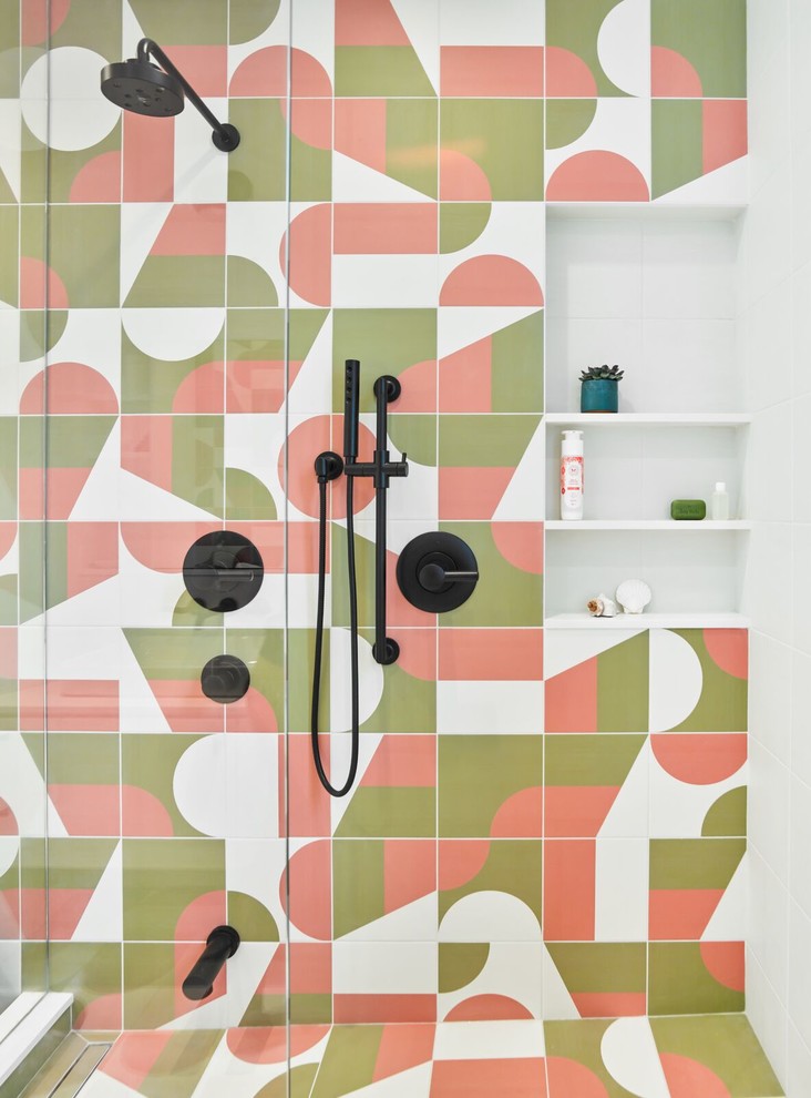 Inspiration for a mid-sized scandinavian 3/4 bathroom in Toronto with gray tile, multi-coloured tile, pink tile, white tile, flat-panel cabinets, white cabinets, a corner shower, white walls, porcelain floors, a vessel sink, solid surface benchtops, multi-coloured floor and white benchtops.
